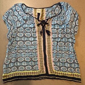 Bila Blue and Yellow Medallion‎ Print sheer blouse with Bow Flowy boho peasant